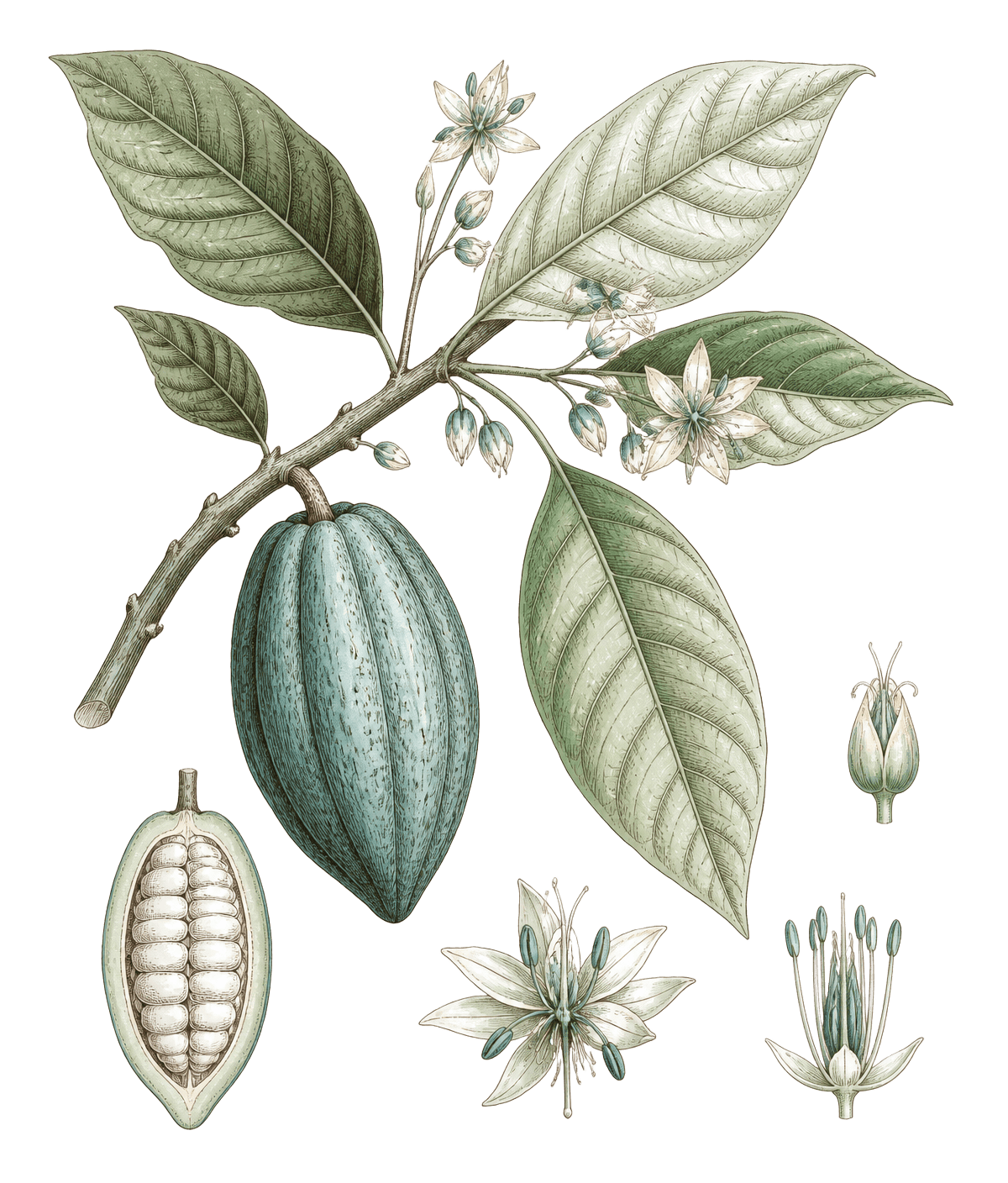 Scientific botanical illustration of the cacao plant, showing pod, leaves and flower detail